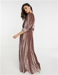 ASOS DESIGN velvet blouson long sleeve maxi dress with pleated skirt in nude-Blue από το Asos