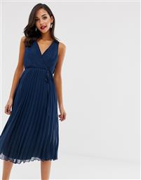 ASOS DESIGN wrap bodice midi dress with tie waist and pleat skirt-Navy από το Asos