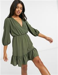 ASOS DESIGN wrap front frill hem mini tea dress with puff sleeves in khaki-Green από το Asos