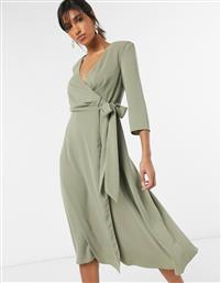 ASOS DESIGN wrap front midi dress with shoulder pad in soft khaki-Green από το Asos