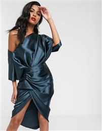ASOS EDITION drape asymmetric midi dress in satin-Blue από το Asos