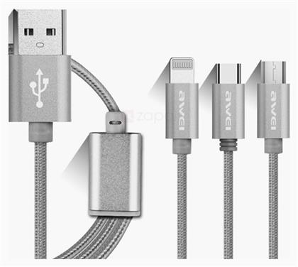 CL-970 Braided USB to Type-C / Lightning / micro USB Cable Γκρι 1.2m Awei