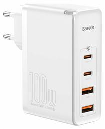 Φορτιστής Χωρίς Καλώδιο με 2 Θύρες USB-A και 2 Θύρες USB-C 100W Power Delivery / Quick Charge 4+ Λευκός (GaN2 Pro) Baseus