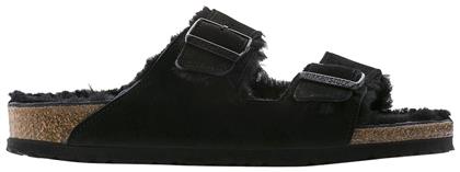 Birkenstock Arizona Shearling Ανατομικές Δερμάτινες Γυναικείες Παντόφλες σε Μαύρο Χρώμα από το Spartoo