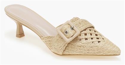 Χαμηλά Μυτερά Mules Λεπτό Τακούνι Σχέδιο Ψάθας Μπεζ - Issue Fashion