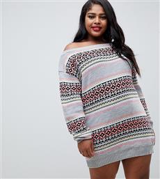 Club L plus christmas off the shoulder jumper dress with all over intarsia fairsle print-Grey από το Asos