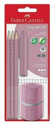 Faber-Castell Grip 2001 Σετ 3 Μολύβια B με Ξύστρα και Γόμα Ροζ - Faber Castell