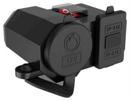 Αδιάβροχος Φορτιστής Μοτοσυκλέτας 2.1A με Θύρες: 2xUSB & 1xΑναπτήρα με Βολτόμετρο Factory