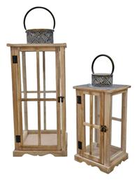 Φαναρια Ξυλινα Σετ Των 2 Τεμαχιων 26x26x59εκ & 18x18x39εκ Με Γκρι Μεταλλικη Οροφη 831753 Ankor