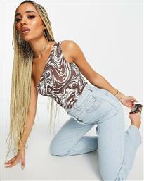 Flounce London basic one shoulder body in brown swirl print-Multi από το Asos