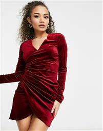 Flounce London velvet wrap dress with ruched side in wine-Red από το Asos