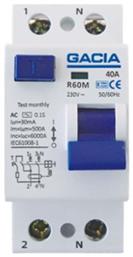 Ρελέ Ράγας Διαρροής 40A Διπολικό με Τάση 230V 2Χ40Α 300mΑ Type AC 500-37010 Gacia