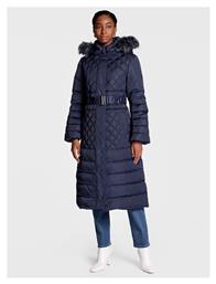 Μακρύ Γυναικείο Puffer Μπουφάν με Γούνινη Κουκούλα για Χειμώνα Navy Μπλε Guess