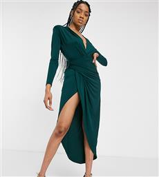 John Zack Tall plunge front wrap maxi dress in emerald green από το Asos
