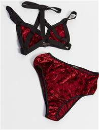 Love & Other Things sexy velvet contrast cage detail bralet and knicker set in red από το Asos