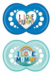 Ορθοδοντικές Πιπίλες Σιλικόνης I Love Mummy & Daddy Turquoise-Blue για 6-16 μηνών 2τμχ Mam