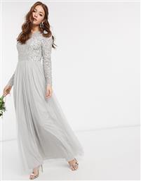 Maya Bridesmaid long sleeve v back maxi tulle dress with tonal delicate sequin in silver-Grey από το Asos