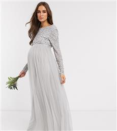 Maya Maternity Bridesmaid long sleeve maxi tulle dress with tonal delicate sequin overlay in silver-Grey από το Asos