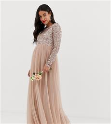 Maya Maternity Bridesmaid long sleeved maxi dress with delicate sequin and tulle skirt in taupe blush-Brown από το Asos