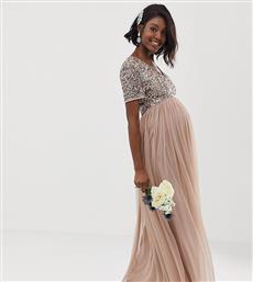 Maya Maternity Bridesmaid v neck maxi tulle dress with tonal delicate sequins in taupe blush-Brown από το Asos