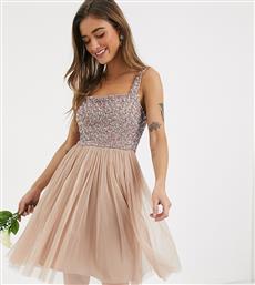 Maya Petite Bridesmaid contrast delicate sequin square neck mini prom skater dress in taupe blush-Pink από το Asos