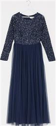 Maya Plus Bridesmaid long sleeve maxi tulle dress with tonal delicate sequins in navy από το Asos