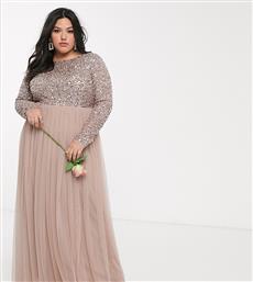 Maya Plus Bridesmaid long sleeve v back maxi tulle dress with tonal delicate sequin overlay in taupe blush-Brown από το Asos