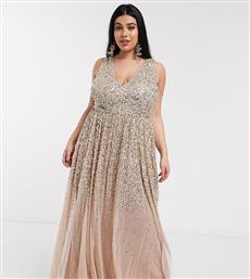 Maya Plus plunge front delicate scattered sequin maxi dress in taupe blush-Pink από το Asos