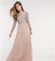 Maya Tall Bridesmaid long sleeve v back maxi tulle dress with tonal delicate sequin in taupe blush-Brown από το Asos