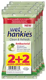 Wet Hankies Clean & Refresh Antibacterial Αντισηπτικά Μαντηλάκια Χεριών 4 x 15τμχ Green Apple ΜΕΓΑ