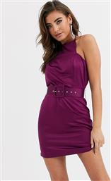Missguided square neck satin mini dress with belt in purple από το Asos