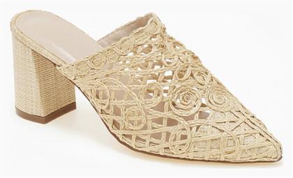 Μυτερά Ψάθινα Mules Χοντρό Τακούνι Μπεζ - Issue Fashion