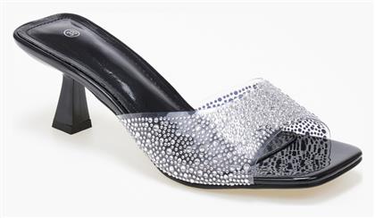 Mules Καρέ Γραμμή Διαφάνεια Στρας Μαύρο - Issue Fashion