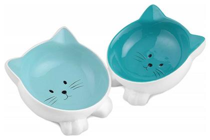 Cat Bowls with Ears Κεραμικό Μπολ Γάτας Φαγητού & Νερού Μπλε 2τμχ Navaris