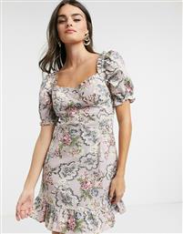 Neon Rose milkmaid mini dress with puff sleeves in vintage floral print-Purple από το Asos
