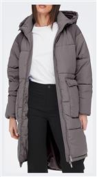Μακρύ Γυναικείο Puffer Μπουφάν για Χειμώνα Γκρι Only