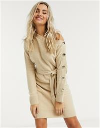 Outrageous Fortune knitted slash neck button sleeve pencil dress with belt in cream από το Asos