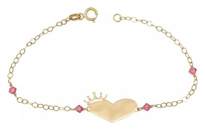 Παιδικό Βραχιόλι από Χρυσό 9K με Καρδιά, Κορώνα, Κοριτσάκι & Πέτρες - Kosmima24