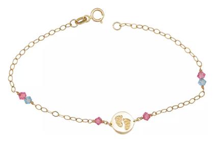 Παιδικό Βραχιόλι Πατουσάκια από Χρυσό 14K με Κοριτσάκι, Σταυρό & Πέτρες - Kosmima24