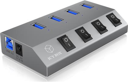 USB 3.0 Hub 4 Θυρών με σύνδεση USB-A & Θύρα Φόρτισης και Εξωτερική Παροχή Ρεύματος Ασημί Icy Box