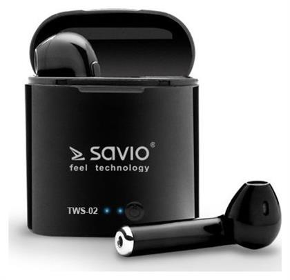 TWS-02 Earbud Bluetooth Handsfree Ακουστικά με Θήκη Φόρτισης Μαύρα Savio