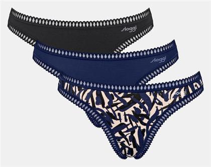 Βαμβακερά Γυναικεία String 3Pack Μαύρο, Μπλε, Εμπριμέ Sloggi