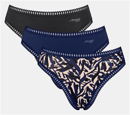 Βαμβακερά Ψηλόμεσα Γυναικεία Slip 3Pack με Δαντέλα Μπλέ Sloggi