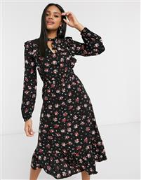 Stradivarius floral midi dress with neck tie in black από το Asos