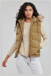 Vintage Everest Κοντό Γυναικείο Αμάνικο Puffer Μπουφάν με Γούνινη Κουκούλα για Χειμώνα Μπεζ Superdry