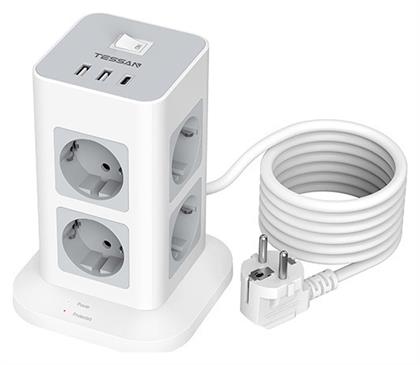 Πολύπριζο Ασφαλείας 8 Θέσεων με 2 USB-A, 1 USB-C και Καλώδιο 2m Γκρι Tessan