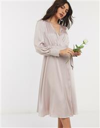 TFNC bridesmaid long sleeve wrap front sateen midi dress with belt in pink από το Asos