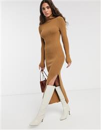 Topshop roll neck jumper midi dress with split in camel-Tan από το Asos