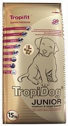 Super Premium Junior Medium/Large 15kg Ξηρά Τροφή για Κουτάβια Μεσαίων & Μεγαλόσωμων Φυλών με Γαλοπούλα και Σολομό TropiDog