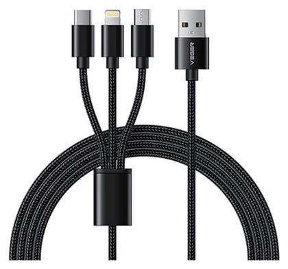 V303 Braided USB to Lightning / Type-C / micro USB Cable 2.4A Μαύρο 1.5m Veger